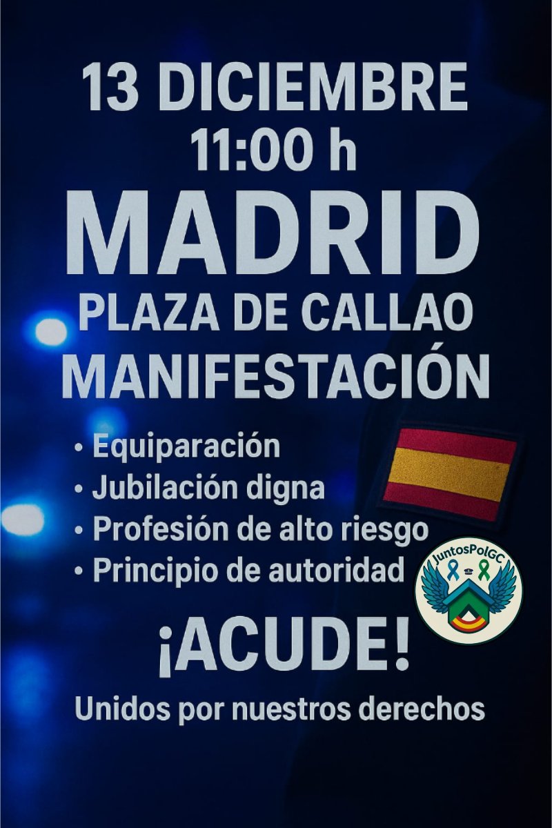JuntosPolGc's tweet image. #13D🇪🇦
#manifestacion13D 📢
#PoliciasYGuardias 🔊
#JUNTOS 💚💙
#JuntosPolGc 📣
#PoliciaNacional 💙
#GuardiaCivil 💚
#ProfesionAltoRiesgo ❌
#PrincipioAutoridad ❌
#PlenaJubilacion ❌
#PlenaEquiparacion ❌