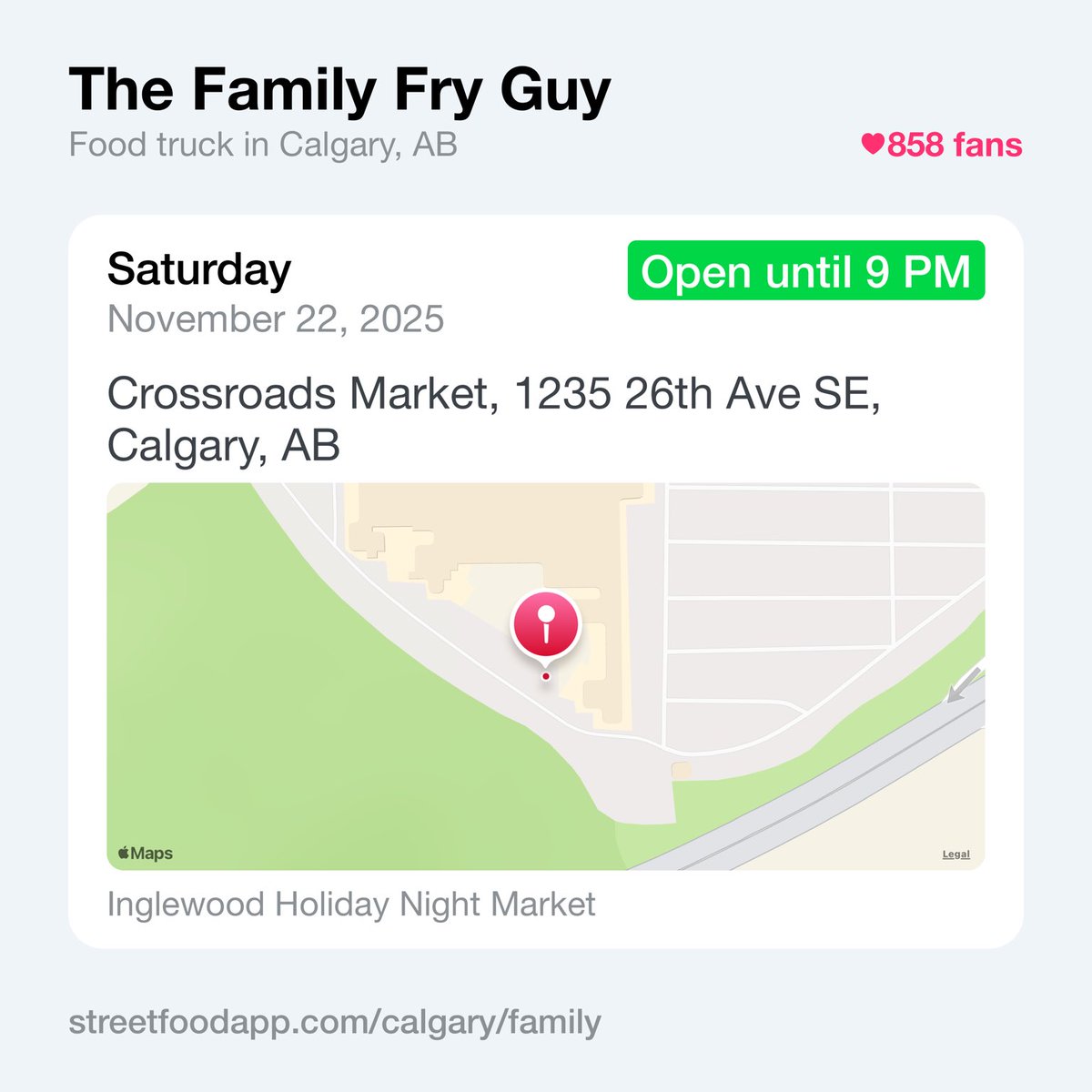 We're open November 22nd from 4 PM - 9 PM at Crossroads Market, 1235 26th Ave SE, Calgary, AB. Come out and enjoy some fries or poutine at ⁦<a href="/InglewoodMarket/">Inglewood Night Market</a>⁩ live music inside!

streetfoodapp.com/calgary/family