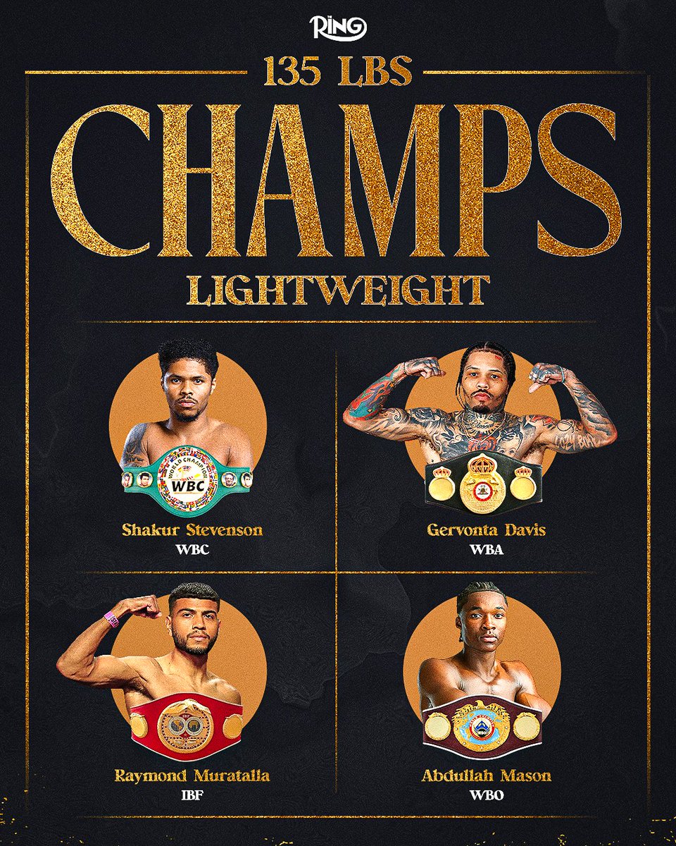 📋 The current world champions at lightweight:

👑 WBA - Gervonta Davis
👑 WBC - Shakur Stevenson
👑 IBF - Raymond Muratalla
👑 WBO - Abdullah Mason

#TheRingIV | Buy now at DAZN.com | <a href="/RiyadhSeason/">موسم الرياض | Riyadh Season</a> 🥊