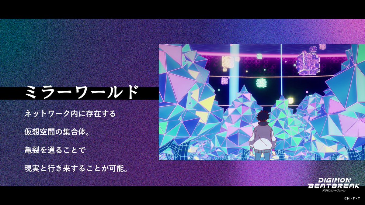 📚KEYWORD 【ミラーワールド】 ネットワーク内に存在する仮想空間の集合体。亀裂を通ることで現実と行き来することが可能。 #BEATBREAK