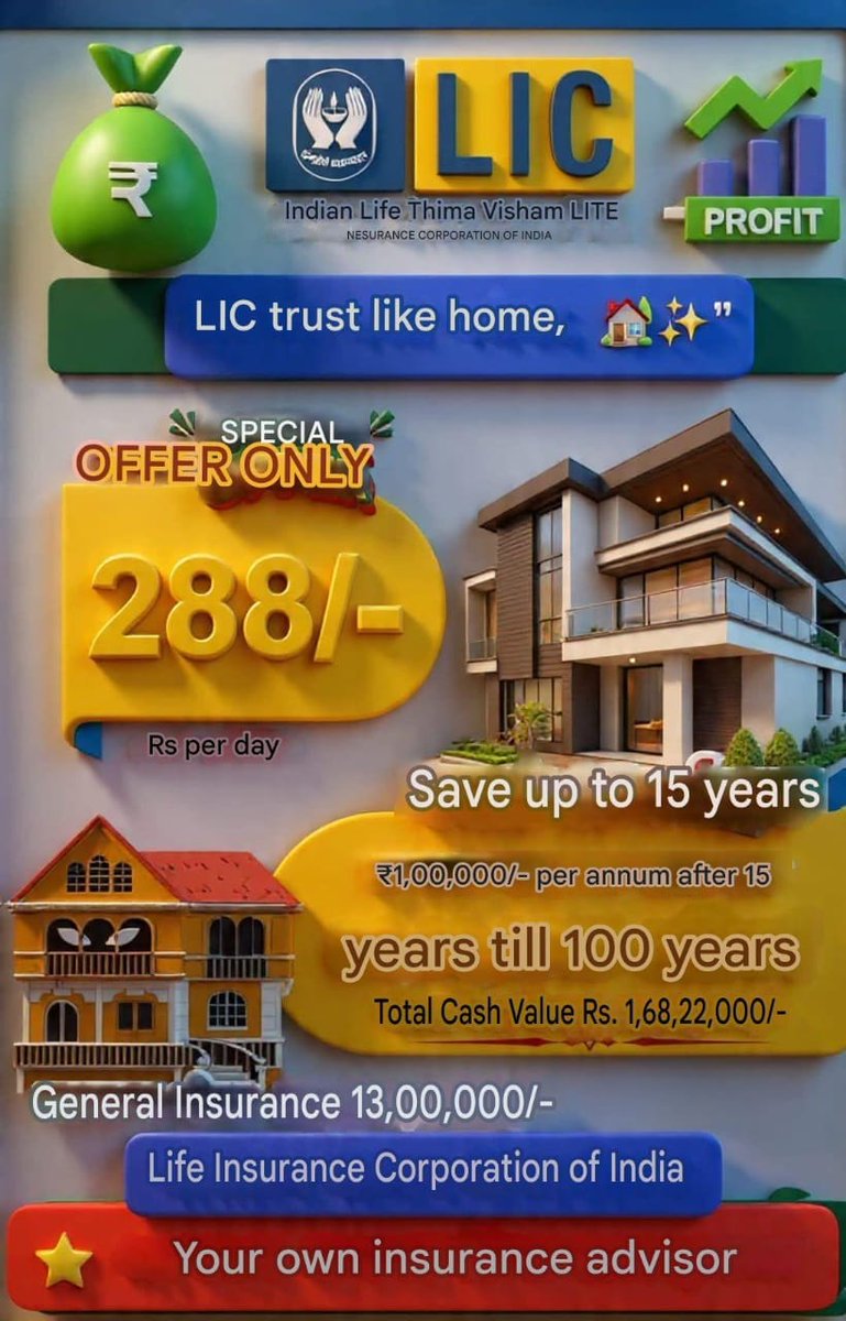licdevarajan's tweet image. 🥰💰 Save ₹288 daily and get the confidence of home 🏡✨
Guaranteed income of ₹1,00,000 every year after 15 years! Safe and profitable 💰🔐
#LIC #LICAgent #LICPolicy #InsuranceAdvisor
#LICPlan #LICIndia #LifeInsurance #insurance
#DailySaving #MoneySavingTips #Guara #viralpost