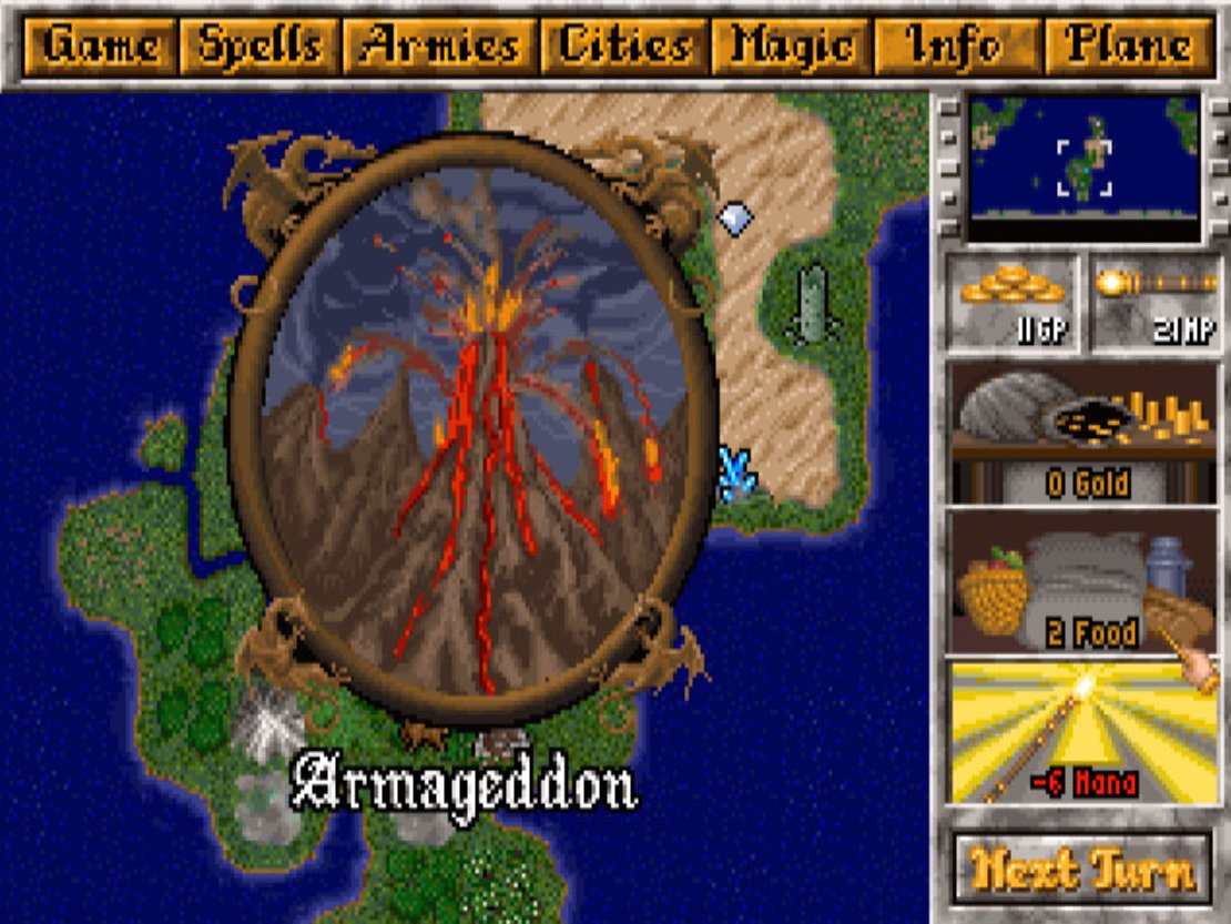 Master of Magic (MicroProse, 1994): Picture Civilization, but swap nukes for blasting your foes with literal volcanoes via "Raise Volcanoes" - because why siege when you can terraform their backyard into Mount Doom? You're a god-wizard on dual planes: boring ol' Arcanus (humans,