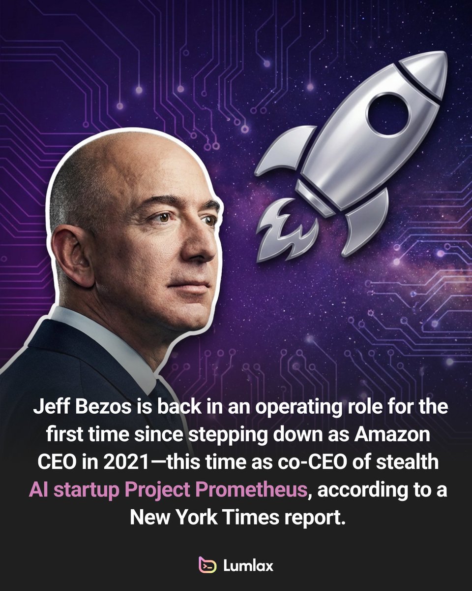 lumlax's tweet image. Jeff Bezos will return as co-CEO of Project Prometheus, a hush-hush AI company he quietly bankrolled last year. He wants to build AI for the physical economy, focusing on engineering, manufacturing, robotics, aerospace &amp;amp; automotive applications. The startup already raised $6.2B.