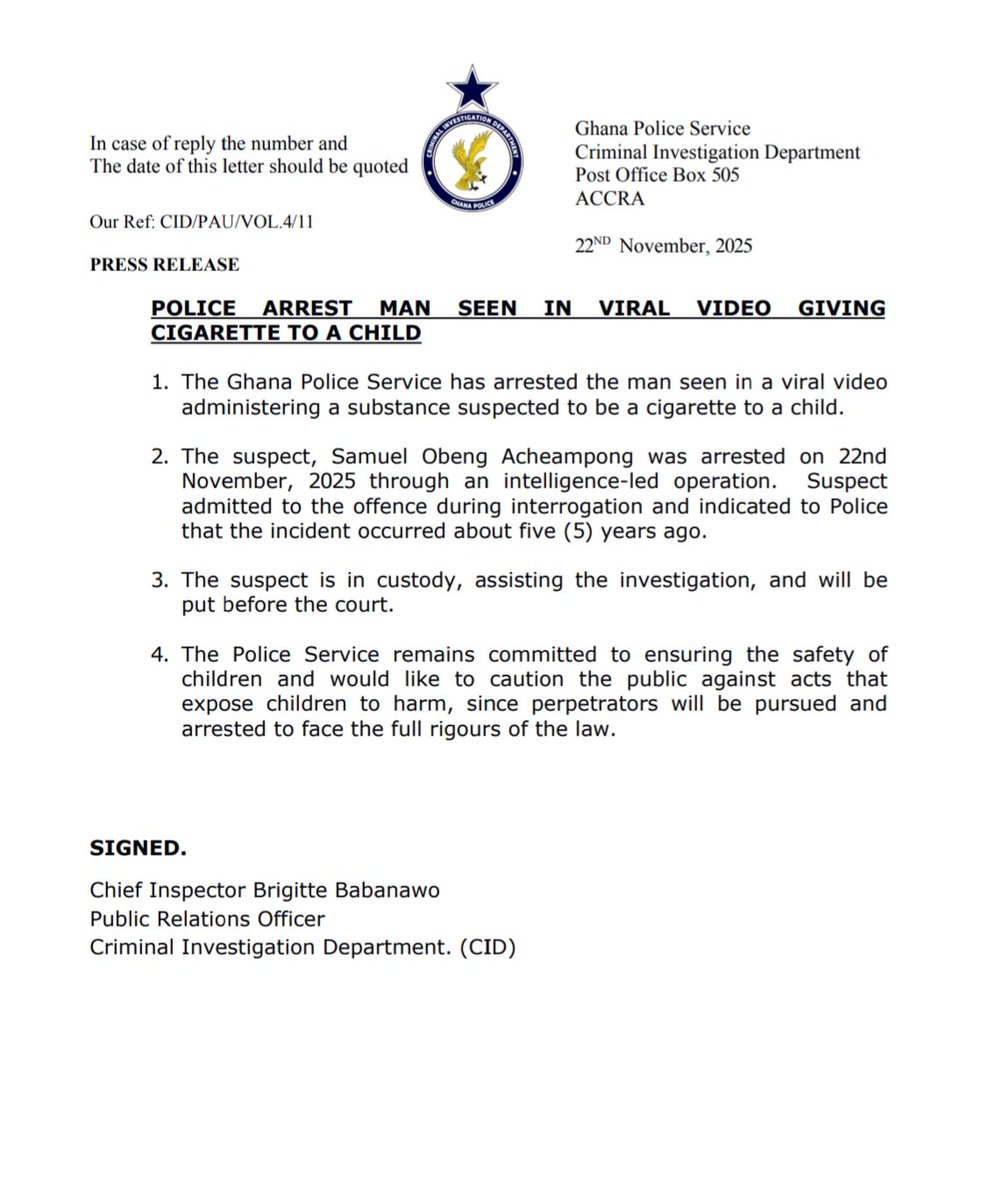 GhPoliceService's tweet image. PRESS RELEASE:

POLICE ARREST MAN SEEN IN VIRAL VIDEO GIVING CIGARETTE TO A CHILD
