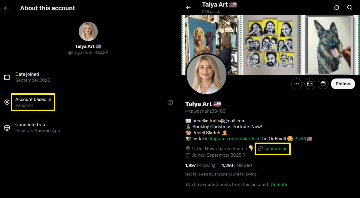 <a href="/talyashahz38489/">Talya Art 🇺🇸</a> Another Pakistani Ai scammer pretending to be a White American selling overpriced Ai photos as hand drawings affiliated with soniarts.us, Talya Art 🇺🇸 <a href="/talyashahz38489/">Talya Art 🇺🇸</a>. 

cc: <a href="/brockpierson/">⭕ Brock Pierson</a> <a href="/ngdough/">Dough</a> 
x.com/NotOpCue/statu…