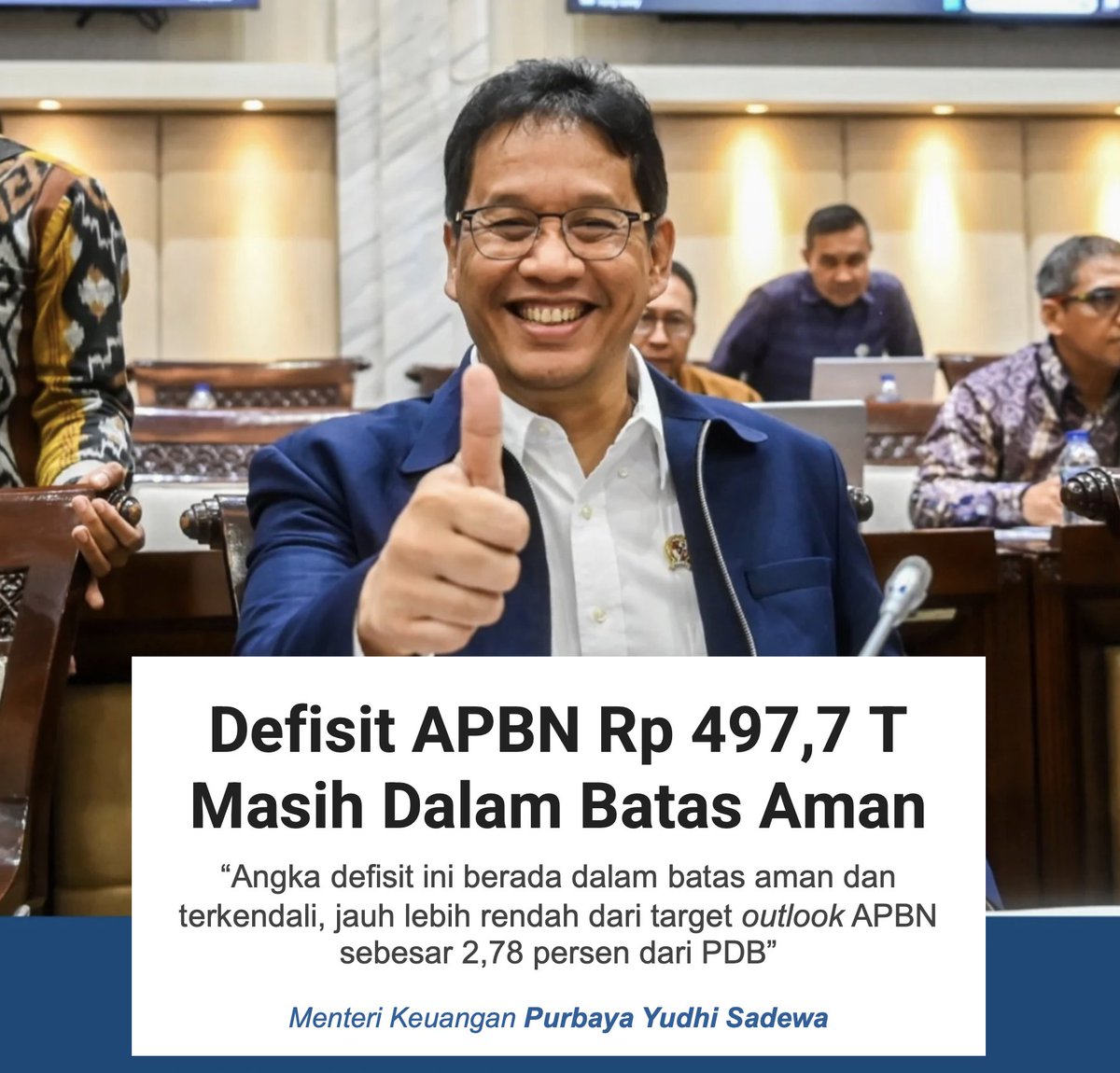 eemeei's tweet photo. Defisit APBN masih dalam batas aman dan terkendali, jauh lebih rendah dari target outlook APBN sebesar 2,78% dari PDB. #APBNAman https://t.co/HbtOn1LF6K