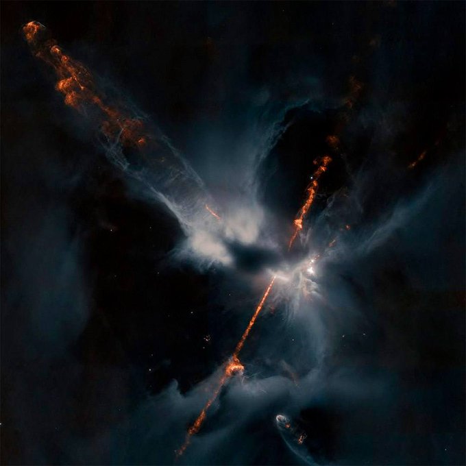 konstructivizm's tweet image. Webb captures jets of a newborn star in the Orion nebula.

The Webb Space Telescope has photographed the object Herbig-Haro 24. This young star is ejecting two narrow jets of hot gas in opposite directions. These jets collide with the surrounding gas and dust, creating the…
