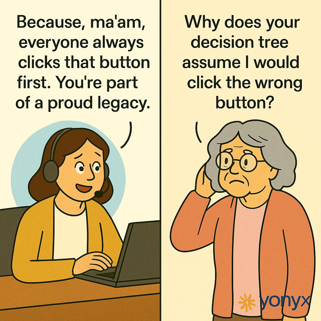 yonyxtweets's tweet image. Grandma: “Why does your decision tree assume I would click the wrong button?” Agent: “Because, ma’am, everyone always clicks that button first. You’re part of a proud legacy.”

#DecisionTree #CustomerSupport #HelpdeskHumor #Yonyx