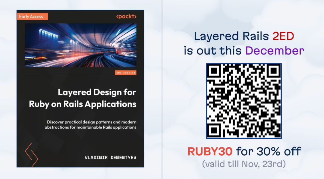 The 2nd edition of Layered Rails is just around the corner!

packtpub.com/en-us/product/…

And to celebrate the #SFRuby conference, there is a 30% discount code (till the end of the week):