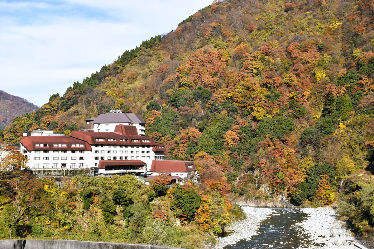 Kurobe_Unazuki's tweet image. 今朝の様子です
＃紅葉 が残っている所は限られてきましたが快晴ということもあって濃いオレンジ色🧡が広がっています。三連休中日ということで朝から展望台や神社も賑わってます。＃黒部峡谷 ＃宇奈月温泉 の紅葉シーズンも残りわずか、是非この連休中に見納めください