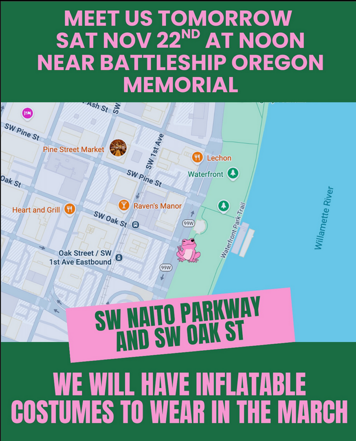 opinflate's tweet photo. Today, we will be marching in inflatables at the No King’s March in Portland. 
Meet us today at the corner of SW Naito Parkway and SW Oak St right by the Battleship Oregon Memorial, and tonight at the Portland🧊facility. Come hop into a costume and march with us!
See you there!! https://t.co/ub2qpeJPvG