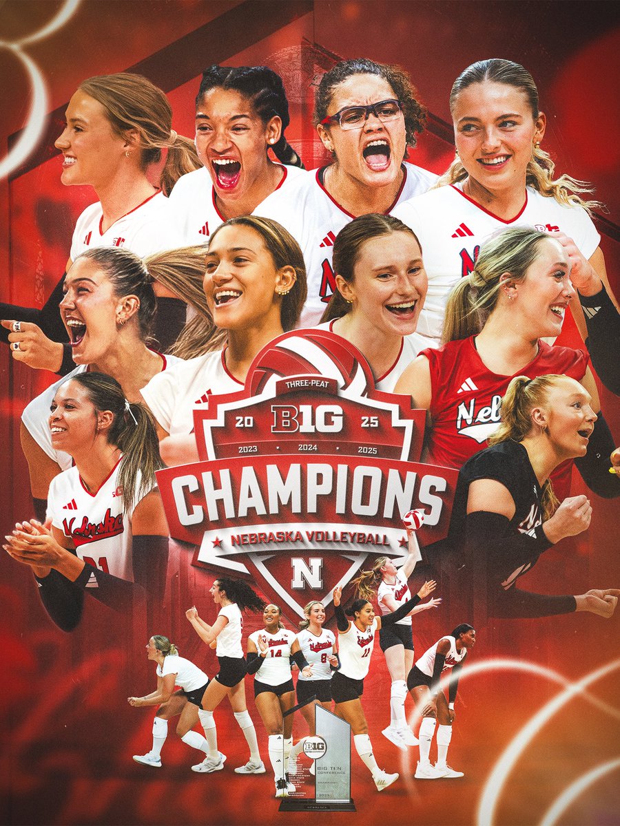 HuskerVB's tweet image. B1G THREE-PEAT 🏆🏆🏆

YOUR HUSKERS ARE THE 2025 BIG TEN CHAMPIONS!