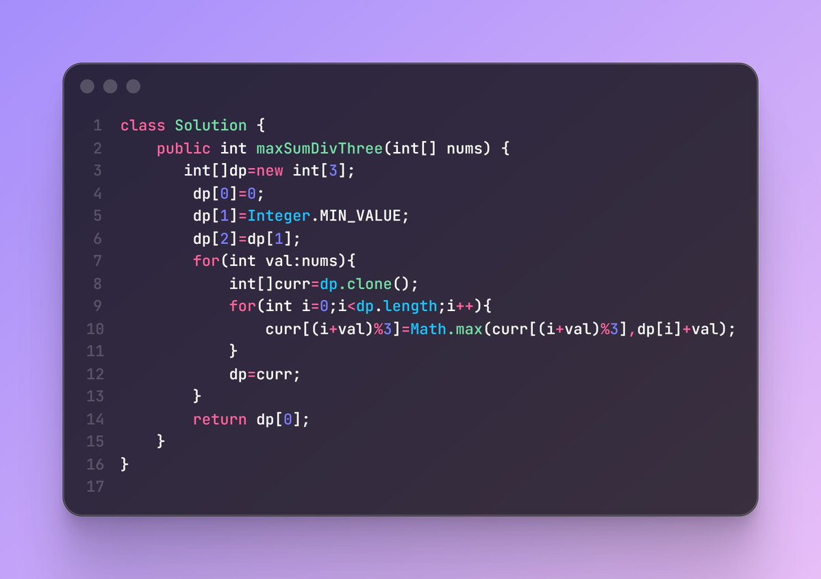 📌 POTD LeetCode — Greatest Sum Divisible by 3
💻 Java | 1D-DP (Tabulation Bottom Up)
🔍 Use mod-3 states
⚡ Time: O(n) | 💾 Space: O(1)
leetcode.com/problems/great…
#Java #LeetCode