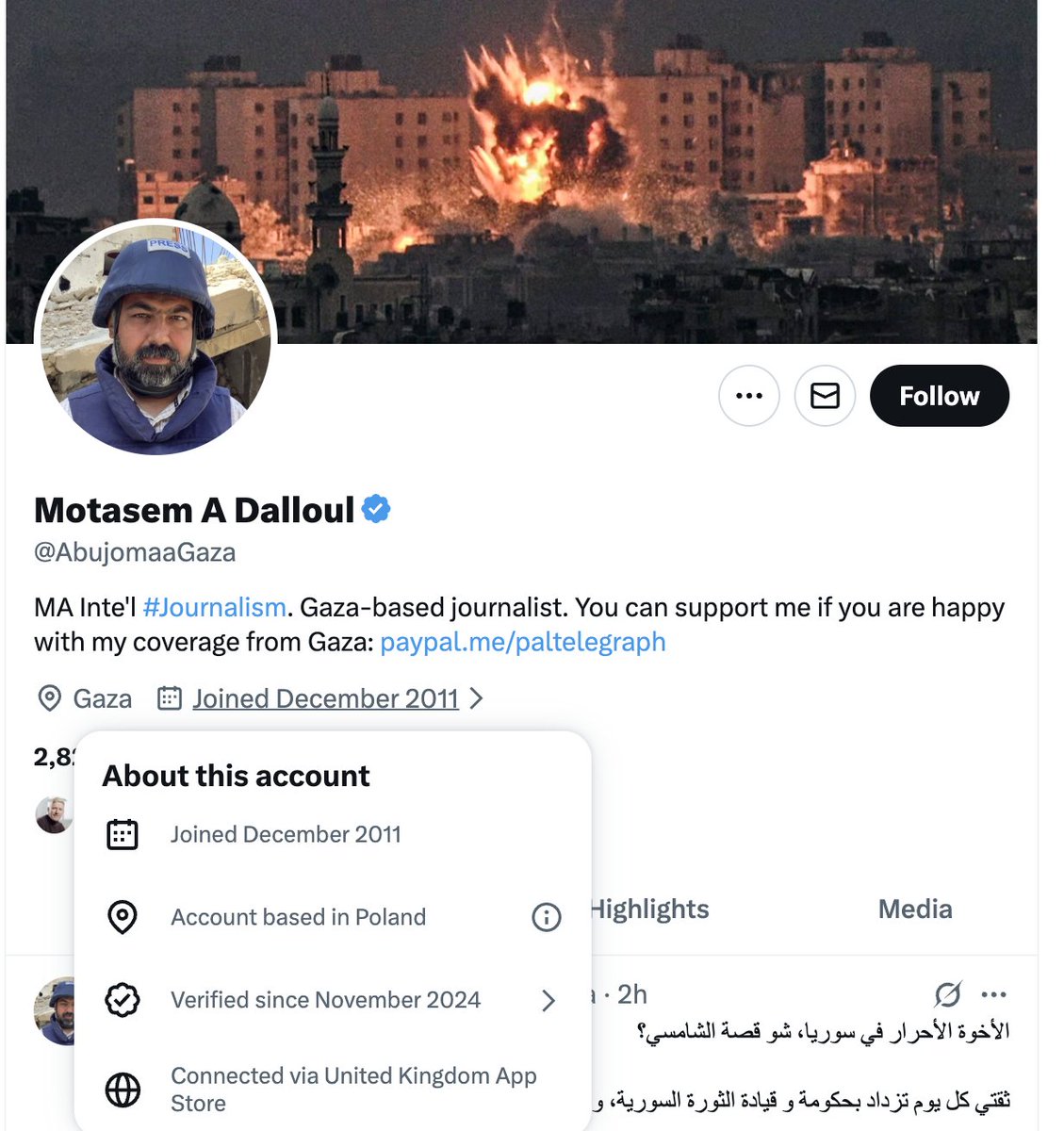 And here it is. 200k followers. Claiming for years that he's a journalist in Gaza and that his wife and children were killed.