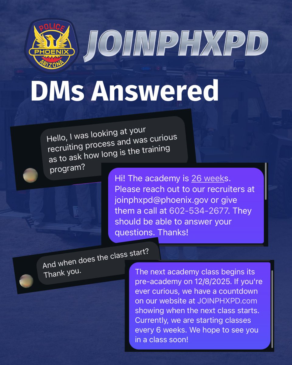 DM's Answered!

⏳Check out our countdown clock on JOINPHXPD.com to see when the next class begins! We want to see you in a class soon! Apply now!
