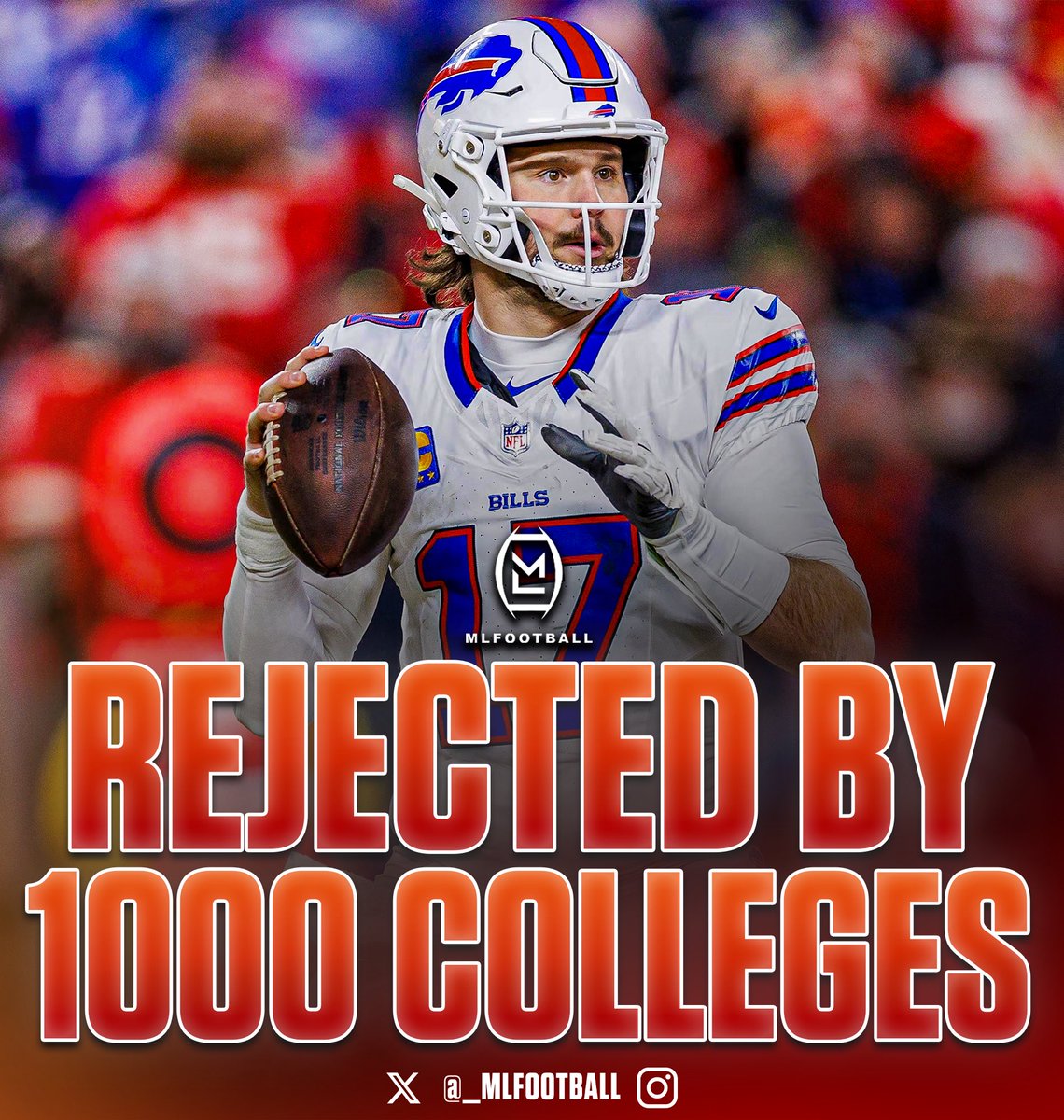 MLFootball's tweet photo. INSANE: #Bills star QB Josh Allen emailed over 1000 COLLEGES his film.

After playing JUCO, Eastern Michigan and Wyoming were the only schools to offer him a scholarship… but EMU eventually pulled their offer.

Allen committed to Wyoming and is now the best player in the #NFL 🤯 https://t.co/F0Ti79NhYa