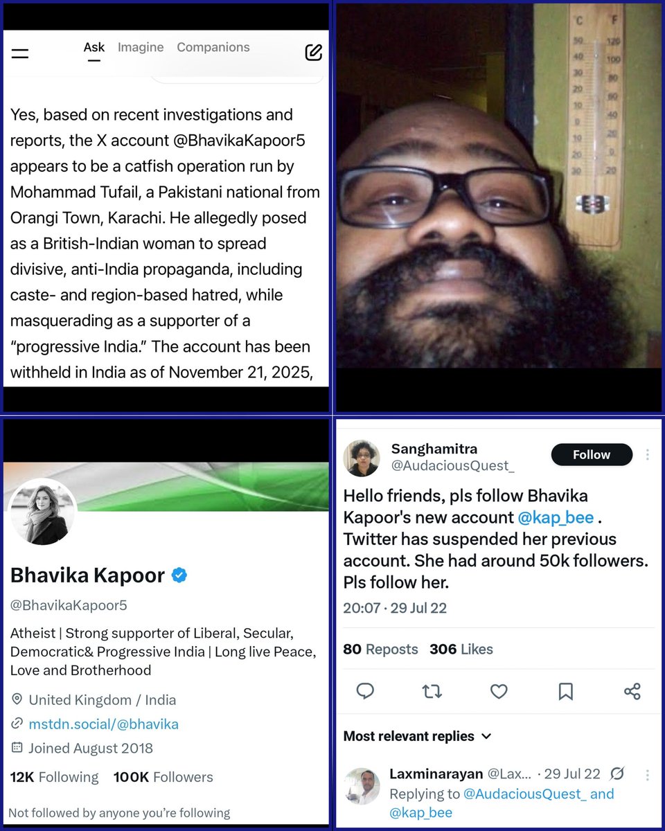 AC Name : Bhavika Kapoor 
Real Name : Mohammad Tufail from Orangi Town, Karachi  Pakistan.
Even Grok has acknowledged the truth.
2 minute silence for those who followed her thinking she is a Congress supporter from India !!😂💥