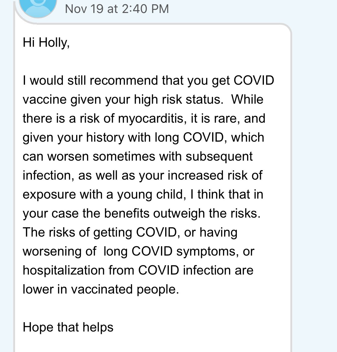 HollyMars2's tweet image. My advice from my cardiologist at Mt. Sinai’s Post-Covid Center, someone who’s always worn an N95, was what convinced me to get the covid shot after my bad experience with my GP.  This is what she wrote to me: