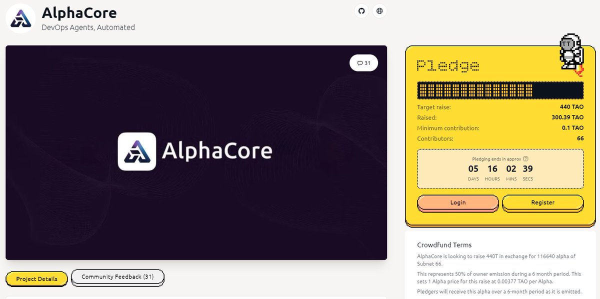 Yizhiyangfund's tweet image. 很早之前我就公开说过了
#SN66 将成为下一个黑马
这已经一步步在实现了 
剩下也只是时间问题了
众筹也已经达到300/TAO
还剩下140/TAO可供质押获取SN66/Alpha
我希望你们也能参与到其中 @bitstarterAI 
app.bitstarter.ai/subnets/alphac…