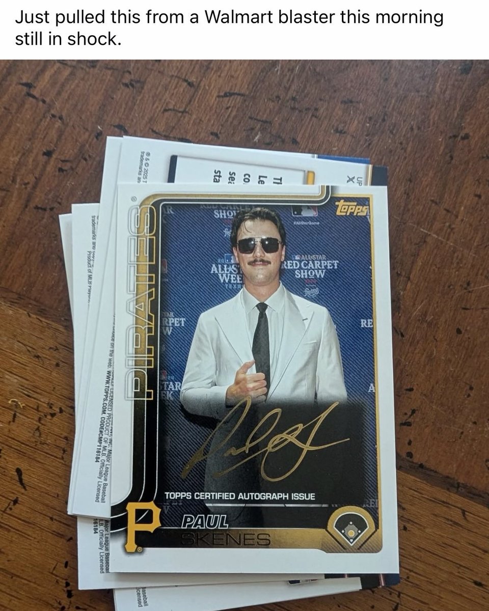 Topps's tweet image. Ultra-rare Paul Skenes Golden Mirror autograph card was JUST FOUND inside a Walmart blaster box 🤯

(📸 Samantha Boyd/FB)