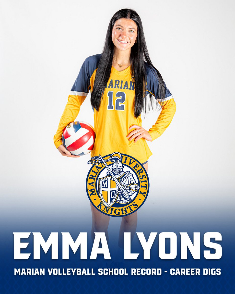 MUKnights's tweet photo. Earlier in the second set tonight, @MarianVball's Emma Lyons became Marian's all-time leader in career digs!

Emma breaks the mark that was previously set by Megan Hawley in the 2019 NAIA Championship run!

Congrats Emma! A great honor for a great steward of Marian University! https://t.co/k4X0ieSwLn