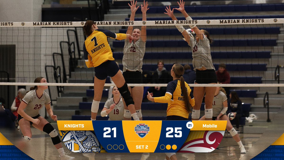 MUKnights's tweet photo. VB | SET 2

@MarianVball continues to fight, but they can't get the set two win as they fall 25-21

Marian needs to win the third to extend the match https://t.co/nCzMa1qsy3