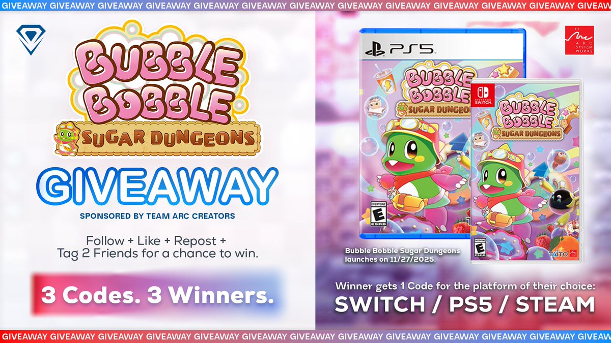 🍩 3x Game Code Giveaway 🍩
Bubble Bobble Sugar Dungeons

1️⃣ Follow us + <a href="/ArcSystemWorksU/">Arc System Works America</a>
2️⃣ Like + Repost + Tag 2 friends.

☑️ Platform of choice: PC/PS5/Switch.
🗓️ 3 Winners picked on 11/28/25.