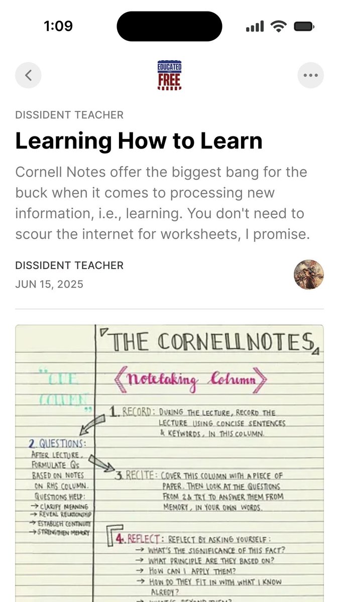 educatedandfree's tweet image. Lose the laptops; add Cornell Notes.

My students learn so much faster because Cornell notes make reviews  and repetition part of the lesson, and make studying after the lesson much more efficient. This means we also free up instructional days so we can learn  more over the…