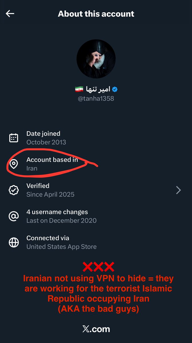 ‼️Don't trust any account based in Iran with no VPN.

X is banned in occupied Iran.

Only people working for the terrorist Islamic Republic can use X without being jailed/executed.

Iranians in Iran fighting the Islamic terrorists must use VPN to hide their identity and location.