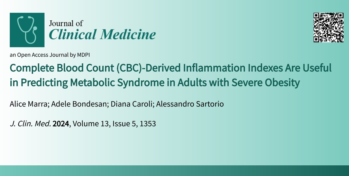 JCM_MDPI's tweet photo. #mdpijcm
#HighlyCitedPaper
Citations 27🙌
#CompleteBloodCount (CBC)-Derived Inflammation Indexes Are Useful in Predicting #MetabolicSyndrome in Adults with #SevereObesity
👉https://t.co/Kh4p6KPHmc
@MediPharma_MDPI https://t.co/qUlWU2zeFT