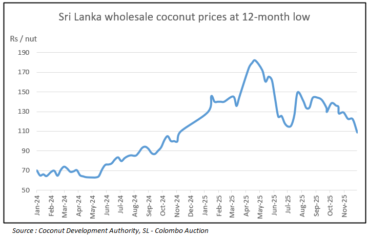 Channa_Amare's tweet photo. #lka coconut output recovered by 3Q2025

➡️ Wholesale coconut prices down to 12mth low at Colombo auctions

But retail prices still very high at ~Rs200/nut🧐

Is production/price data correct?

Have value-added exporters increased demand?

Or has middleman profit increased?

#CSE https://t.co/H8bFttfu8M
