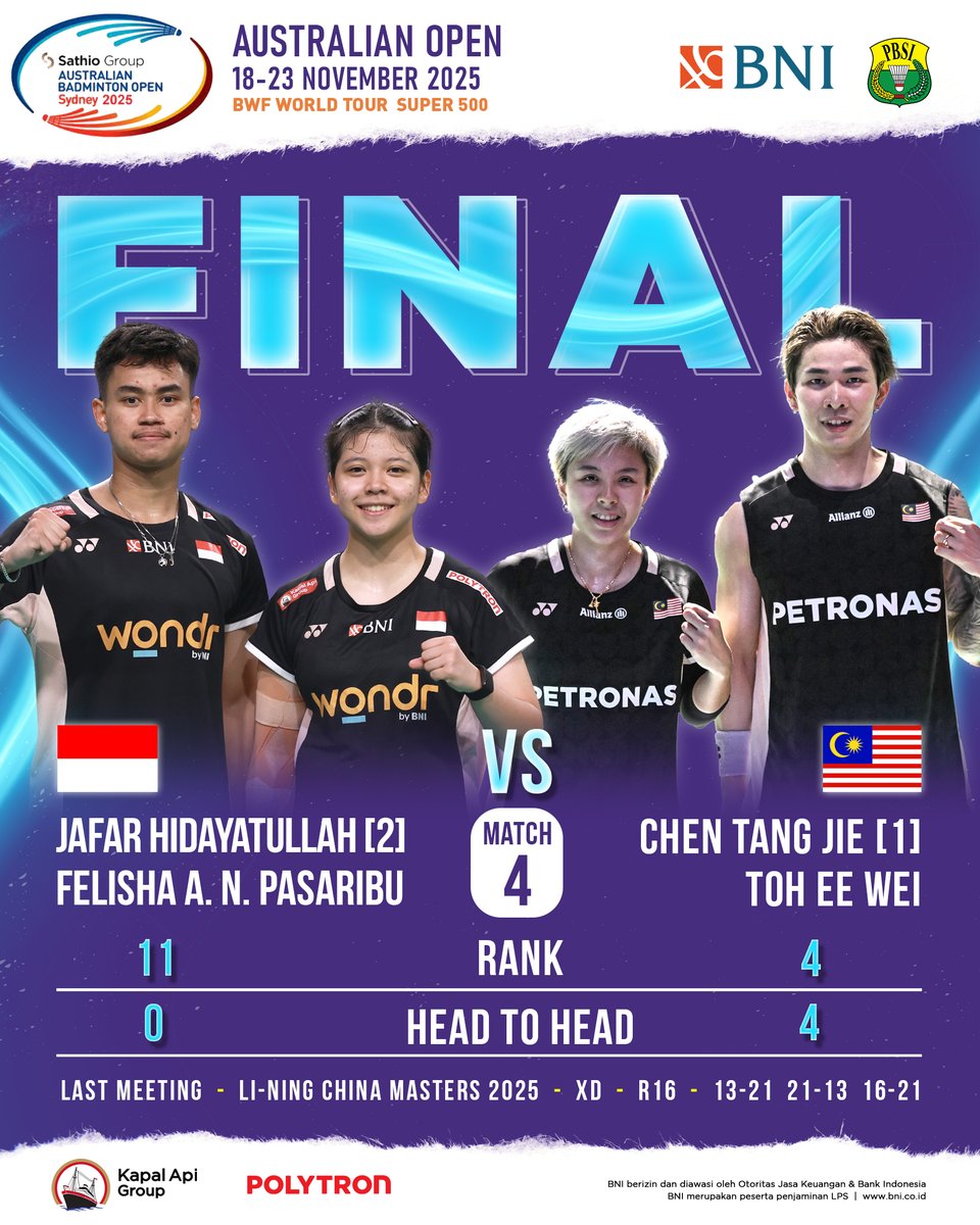 INABadminton's tweet photo. 30 menit jelang final Australian Open 2025.

Berikut rekor pertemuan wakil Indonesia dengan lawan-lawannya.

#BadmintonIndonesia #AustralianOpen2025 https://t.co/hrt0LkeUN6