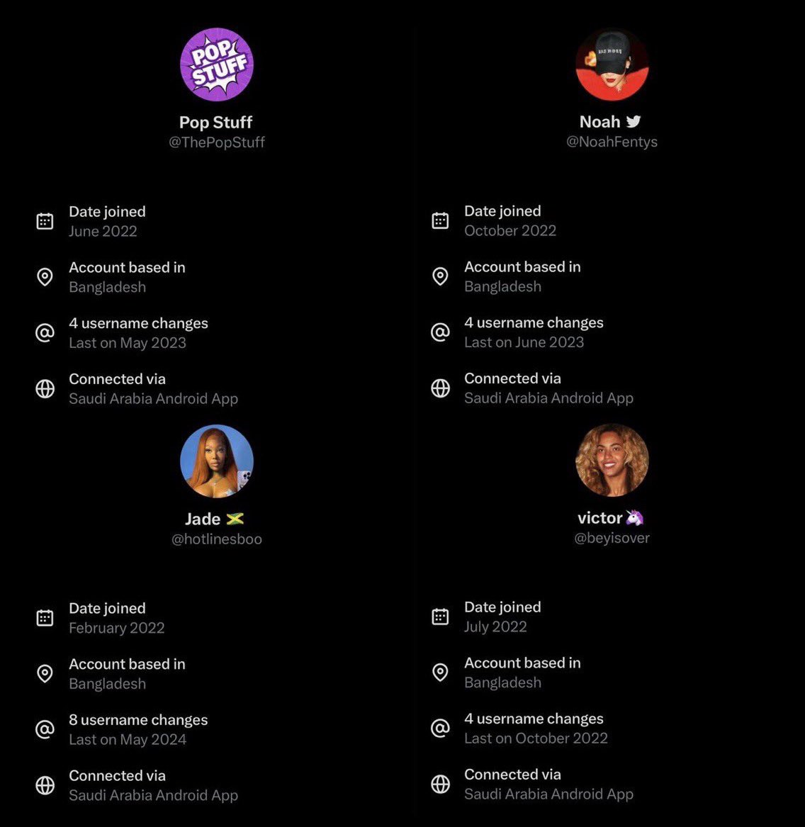 PopFusionHQ's tweet image. It appears that all accounts shown in the screenshot belongs to the same person.