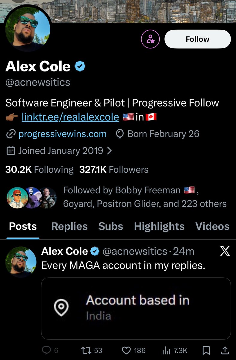 iAnonPatriot's tweet image. BREAKING 🅱️

Liberal account Alex Cole has REMOVED his location and disabled comments after being exposed for being from Canada. 

— he was saying that he lived in Los Angeles, CA.