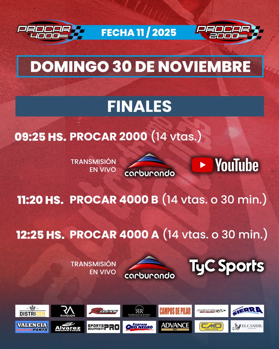 🏁 Se termina el campeonato 2025 del <a href="/Procar_4000/">Procar4000</a> 

📺 Desde las 9 hrs. por youtube.com/CarburandoTV

📺 Desde las 10hs por <a href="/TyCSports/">TyC Sports</a>