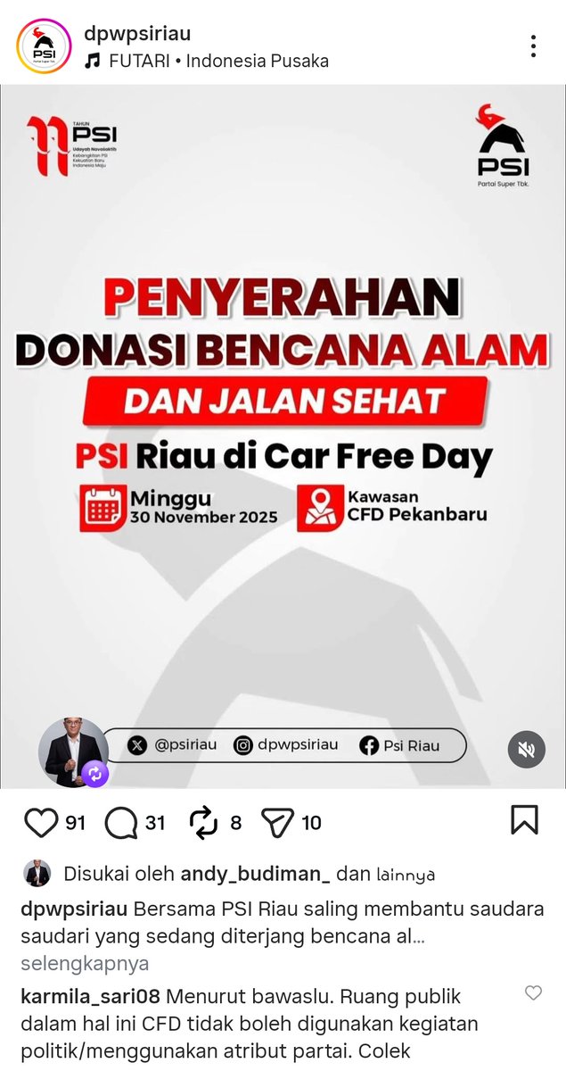 Setau saya BAWASLU sudah menetapkan agar tidak menggunakan car free day/CFD sebagai ruang kegiatan politik.

Gimana nih...
<a href="/bawaslu_RI/">Bawaslu RI</a> <a href="/BawasluRiau/">Bawaslu Riau</a> <a href="/StefanAntonio__/">Panggil aja || Mas Steff</a>