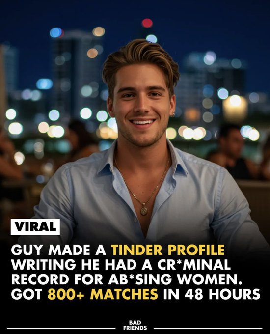 Las feministas se quejan al oir eso de "haber escogido mejor a los hombres con los que saliste si fueron tóxicos"
Pero luego lees esto y te das cuenta de cosas...
Hombre pone en Tinder que tenia historial de violencia contra su pareja y recibe 800 match.
A algunas le va la marcha