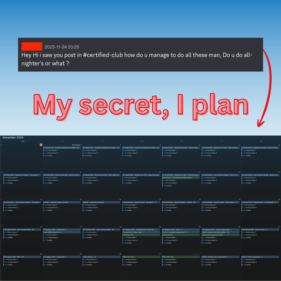 codeharmann's tweet image. Hey there! I saw your post in certified-club (Scrimba Discord channel). How do you manage to do all this? Do you pull all-nighters or what?

Someone once asked me how I stay motivated to learn daily and pursue a career as a software engineer.

My secret? I show up every day by…