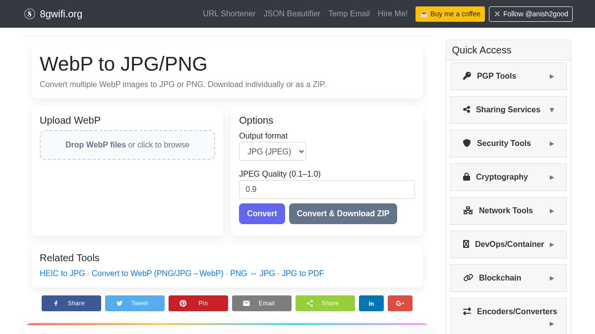 anish2good's tweet image. Convert multiple WebP images to JPG or PNG with quality controls and easy ZIP downloads. Streamline your image format needs today! Try it: 8gwifi.org/webp-converter… 🖼️ #Tech #Tools