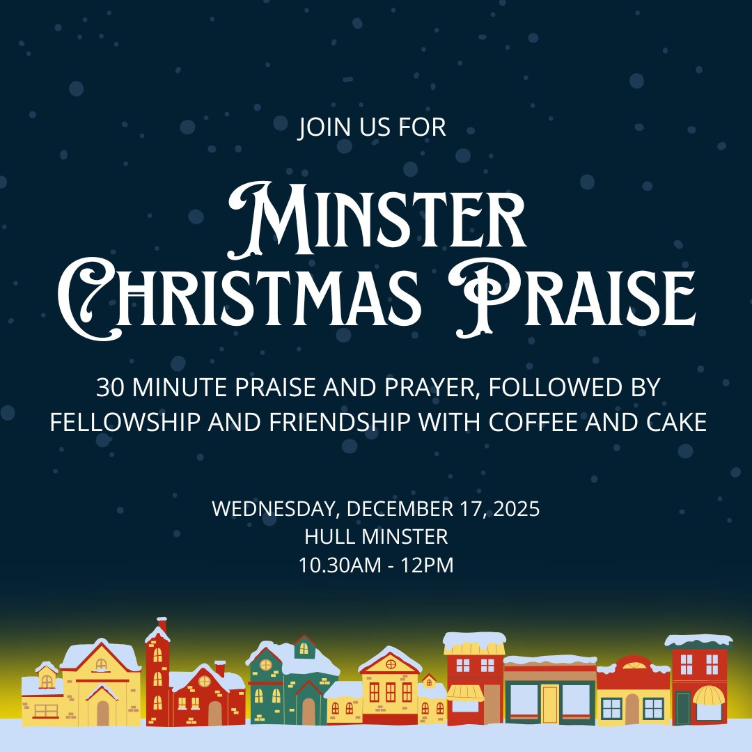 HullMinster's tweet image. Hull Minster Christmas Praise
Wed 17-Dec-2025 10:30am 
Christmas Praise everyone is welcome to join in this short service of carols and praise.  Homemade cake and coffee will be served after the 30 minute service. 
hm.churchsuite.com/events/7zrxej2i