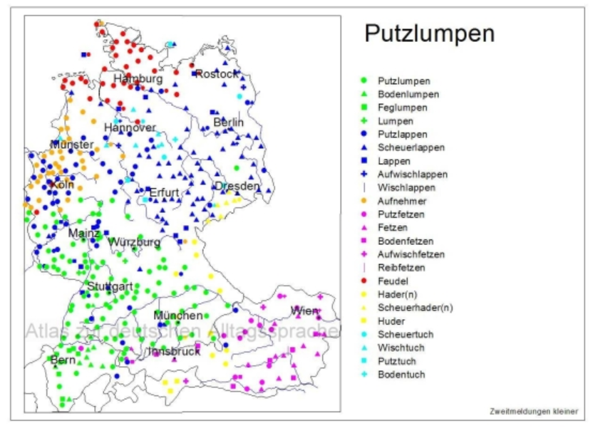 Hier werden gelegentlich Sprachkarten gezeigt, so z.B. aus der Variantengrammatik (VG) oder dem Atlas zur deutschen Alltagssprache (AdA). Auf den Karten sieht man, wie regional verschieden der Sprachgebrauch ist. Dazu eine Karte mit sehr vielen Varianten: atlas-alltagssprache.de/runde-2/f05/