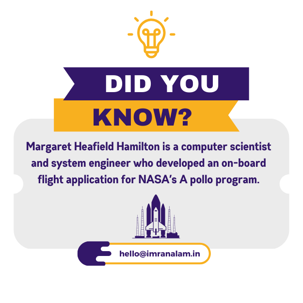 ErIMRANALAM's tweet photo. ✨ Margaret Heafield Hamilton: The computer scientist who developed the critical on-board flight software for NASA’s Apollo missions. She is often credited with coining the term "Software Engineering" itself. We owe her a lot!
#TechHistory #Developer #SpaceE… https://t.co/mnWA5HSJvR