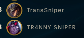 RemoriDesu's tweet photo. Using names like this in games makes you a complete POS. 
You’re dumping cruelty on everyone who sees it, without a shred of awareness for the damage you cause. It’s pathetic, it’s hostile, and it has no place anywhere. 
OCE server by the way @RiotSupport 
#LeagueOfLegends https://t.co/lrp3MVD0Pq