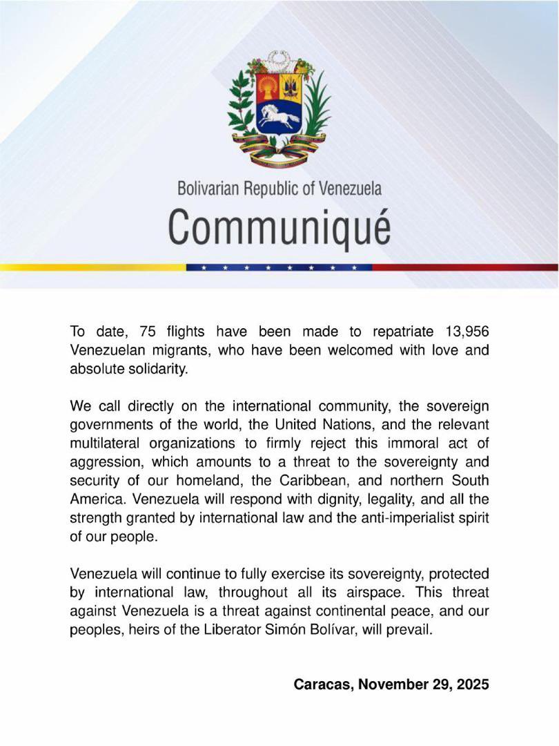 Venezuela denounces and condemns the colonialist threat that seeks to undermine the sovereignty of its airspace, constituting a new extravagant, illegal, and unjustified aggression against the people of Venezuela