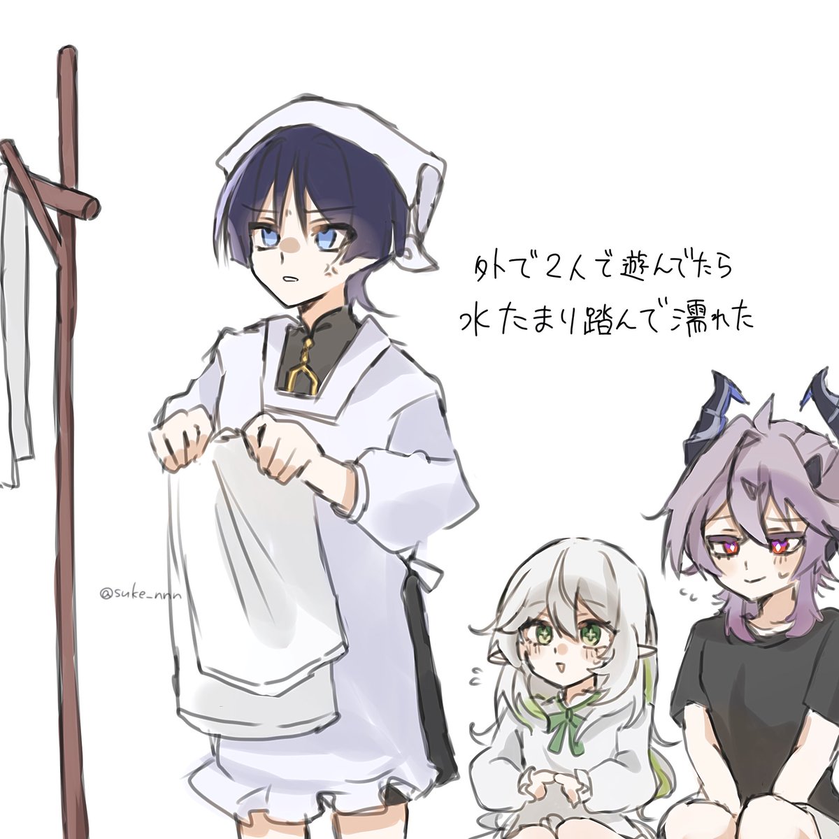 suke_nnn's tweet image. 水たまり踏んでびしょ濡れになったナヒーダとドゥリンの服を着替えさせて洗濯してくれる放浪者の図
(54枚も干してないけど一応引用元の絵のつもり)