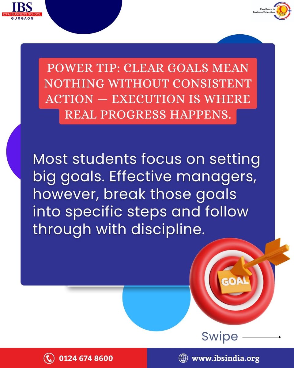 gurgaonibs's tweet image. The Management Minute! 
Goal setting gives you direction — but disciplined execution is what turns that direction into meaningful progress.
When you plan with clarity, act with purpose, and review your progress regularly, you build the momentum that drives long-term success.…