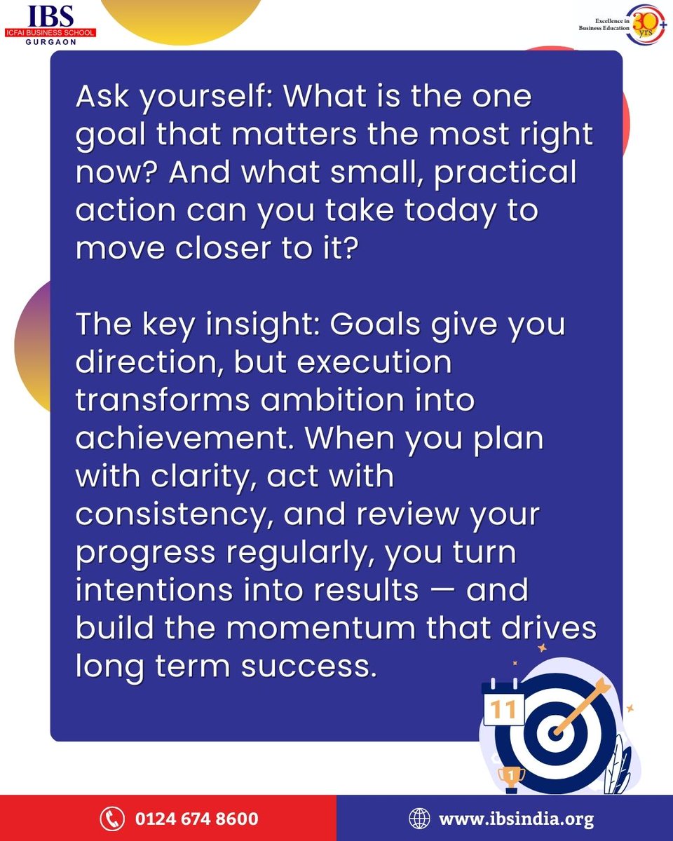 gurgaonibs's tweet image. The Management Minute! 
Goal setting gives you direction — but disciplined execution is what turns that direction into meaningful progress.
When you plan with clarity, act with purpose, and review your progress regularly, you build the momentum that drives long-term success.…