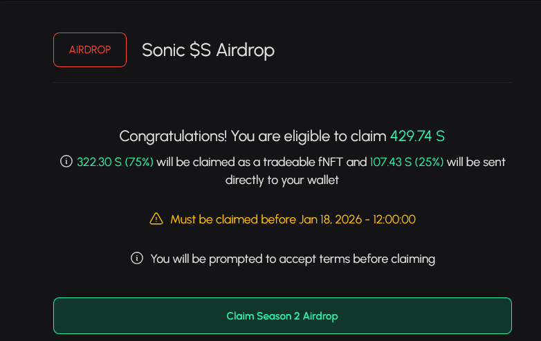 Nftoryn's tweet photo. Yooo, the Sonic Season 2 $S airdrop just hit — 25% available right away and it feels AMAZING. If you’ve been accumulating points silently, now’s your chance to see how you’re doing. 

🪂 https://t.co/3Yu7yRLowu 

Some wallets are way ahead without even knowing it. 

$ANON https://t.co/0xlJMC605C