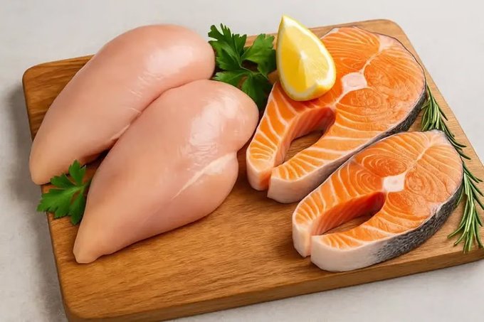 الدجاج أم السلمون أيهما أفضل لنظامك الغذائي؟. كشفت بيانات غذائية فروقًا مهمة بينهما: صدر الدجاج أقل سعرات ويحتوي على بروتين أعلى: 187 سعرة و33 غ لكل 100 غ. السلمون غني بأوميغا-3، فيتامين D وB12 لدعم القلب والصحة العامة. الدجاج يحتوي على فيتامين B3 المفيد للهضم والأعصاب. الدهون في السلمون صحية، بينما الدجاج الدهني يحتوي على دهون مشبعة. خبراء التغذية ينصحون بالتنويع وتناول حصتين على الأقل من الأسماك الدهنية أسبوعيًا 