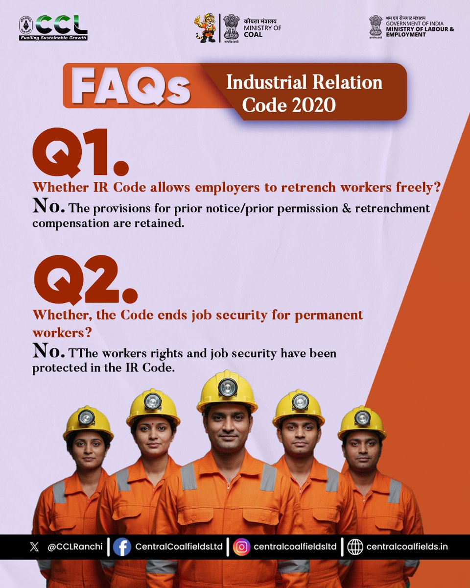 CCLRanchi's tweet image. इंडस्ट्रियल रिलेशंस कोड 2020 का उद्देश्य; श्रमिकों के अधिकारों को मजबूत करना और सुरक्षित, न्यायपूर्ण कार्य वातावरण सुनिश्चित करना।
साफ़ प्रावधान, सुरक्षित अधिकार और बेहतर नौकरी सुरक्षा, एक अधिक पारदर्शी और श्रमिक-हितैषी भविष्य की ओर।#ShramevJayate #WorkersFirst #LabourReforms…